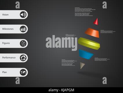 3D illustration infographic template with motif of two spike cone divided to five color parts askew arranged with simple sign and sample text on side  Stock Vector