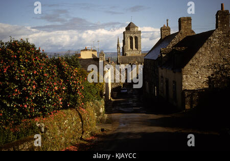 Brittany is a distinct region of north-west France and consists of Finistère in the west, Côtes-d'Armor in the north, Ille-et-Vilaine in the north east, Loire-Atlantique in the south east and Morbihan in the south on the Bay of Biscay. Locronan, elected both a Breton Petite Cité de Caractère and one of the Plus Beaux Villages de France. Stock Photo