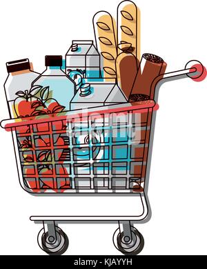 supermarket shopping cart with foods sausage and bread apples and drinks orange juice and water bottle and milk carton in watercolor silhouette Stock Vector