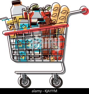 supermarket shopping cart with foods sausage and bread apples and drinks orange juice and water bottle and lacteal in watercolor silhouette Stock Vector