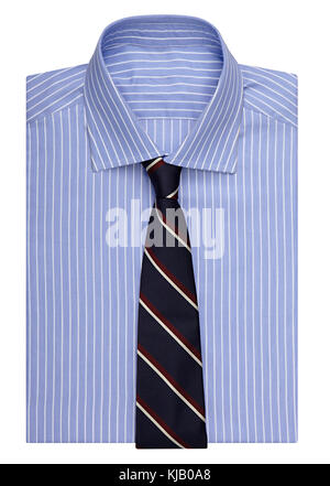 Elegant male striped blue shirt with necktie folded neatly and displayed on white in a fashion concept Stock Photo