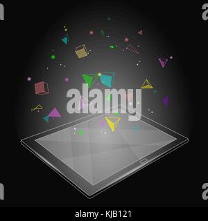 Ebook tablet PC virtual reality visual imagination mind effect. Low poly polygonal geometric shapes. Creative e-learning reading on electronic touch screen black media vector illustration Stock Vector
