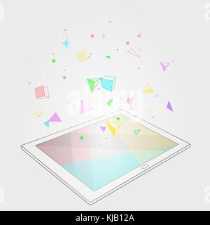 Ebook tablet PC virtual reality visual imagination mind effect. Low poly polygonal geometric shapes. Creative e-learning reading on electronic touch screen white media vector illustration Stock Vector