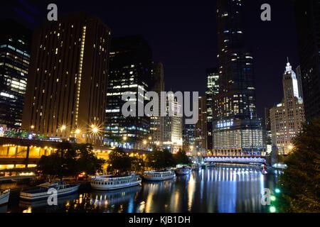 Chicago, Usa - July 15, 2017: Downtown Chicago at night. View of Illuminated buildings in the central part of the city. Trump Tower and The Wrigley Bu Stock Photo