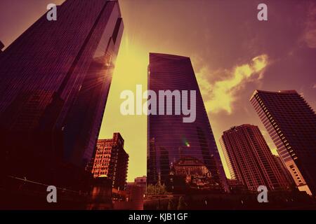 Chicago modern skyscrapers at sunset with beautiful sky. Stock Photo