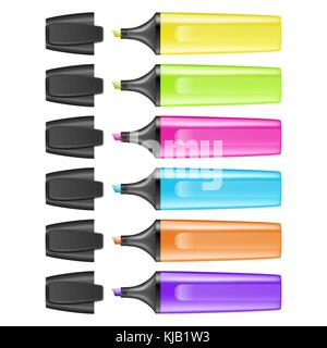Realistic vector highlighter pen icon set isolated on white background. Colorful text markers. Design template in EPS10. Stock Vector
