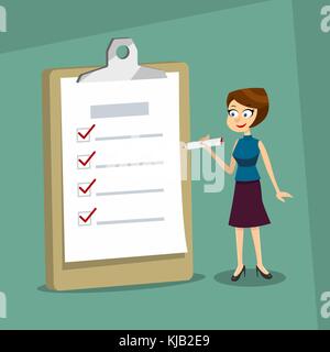 Happy smiling woman holding a marker looking at completed checklist on clipboard. Business concept. EPS10 vector. Stock Vector