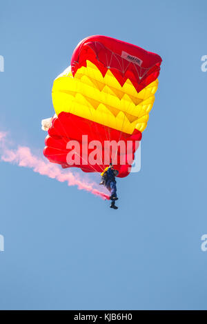 MOTRIL, GRANADA, SPAIN-JUN 11: Parachutist of the PAPEA taking part in an exhibition on the 12th international airshow of Motril on Jun 11, 2017, in M Stock Photo