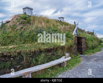 Reconstructed village, L'Anse aux Meadows National Historic Site, L'Anse aux Meadows, Highway 430, the Viking Trail, Newfoundland, Canada. Stock Photo