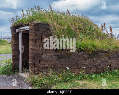 Reconstructed village, L'Anse aux Meadows National Historic Site, L'Anse aux Meadows, Highway 430, the Viking Trail, Newfoundland, Canada. Stock Photo