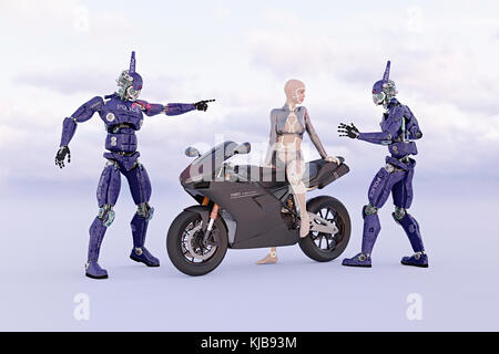 Robot police confronting futuristic woman on motorcycle Stock Photo