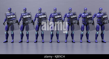 Futuristic robot police holding shields Stock Photo