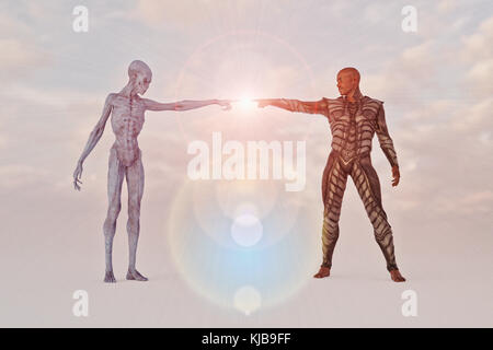 Man and alien touching glowing fingers Stock Photo