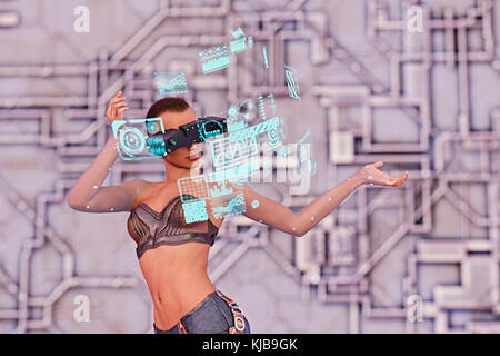 Woman wearing virtual reality goggles watching hologram Stock Photo