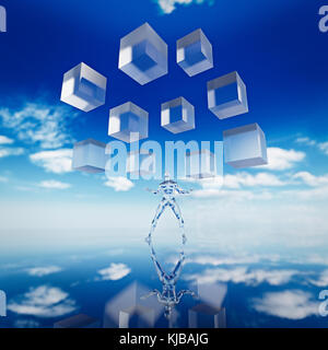 Cubes floating in sky above transparent man Stock Photo