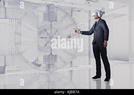 Businessman near vault wearing virtual reality goggles Stock Photo