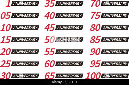 Isolated red and black color numbers with word years icons collection on white background, birthday anniversary greeting card elements set vector logos Stock Vector