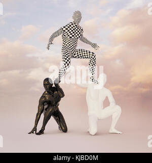 Checkered man balancing on shoulders of black and white men Stock Photo