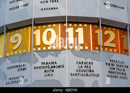 Weltzeituhr Berlin, close-up view of the numerals on the landmark World Clock -Weltzeituhr - in Alexanderplatz square ,Germany. Stock Photo