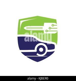vehicle locksmith with a shield, bold car with a car key and shield, car with a key illustration, key with circuit lines, mobile locksmith illustratio Stock Vector