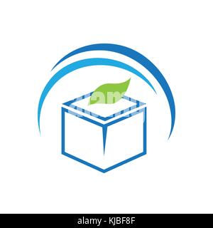 box with a leaf symbol, trading green goods logo, sign design, isolated on white background. Stock Vector