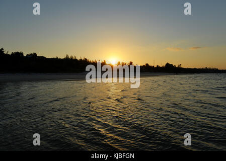 Panoramic View of Vilanculos Beach in Mozambique during high tide at sunset. Stock Photo