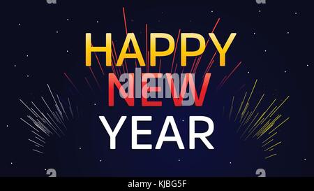 happy new year illustration on black background, happy new year in the sky with with stars and fireworks, illustration design, dark background. Stock Vector