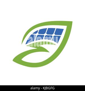 bolt in leaf with solar panel, natural solar panel logo, leaf with solar symbol, symbol design, isolated on white background. Stock Vector