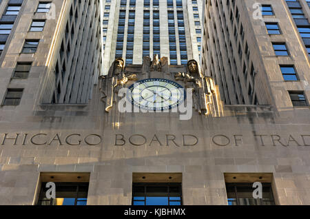 Chicago - September 7, 2015: Chicago Board of Trade Building along La Salle street in Chicago, Illinois. The art deco building was built in 1930 and f Stock Photo
