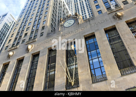 Chicago - September 7, 2015: Chicago Board of Trade Building along La Salle street in Chicago, Illinois. The art deco building was built in 1930 and f Stock Photo