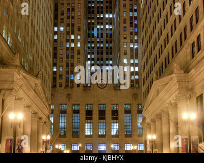 Chicago - September 6, 2015: Chicago Board of Trade Building at night in Chicago, Illinois. The art deco building was built in 1930 and first designat Stock Photo