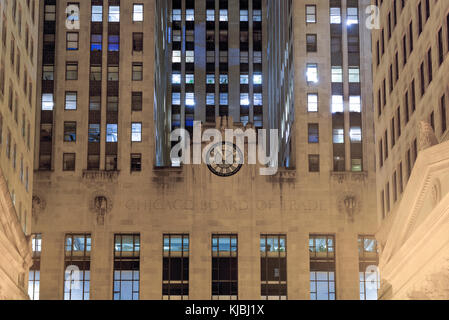 Chicago - September 6, 2015: Chicago Board of Trade Building at night in Chicago, Illinois. The art deco building was built in 1930 and first designat Stock Photo