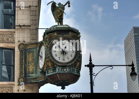 Father Time clock, the 1926 decorative Jewelers' Building clock in Chicago is emblazoned with the word Time and decorated with a statue of old Father  Stock Photo