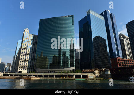 Chicago, Illinois - September 5, 2015: 333 West Wacker Drive is a highrise office building in Chicago, Illinois. On the Chicago River side, the buildi Stock Photo