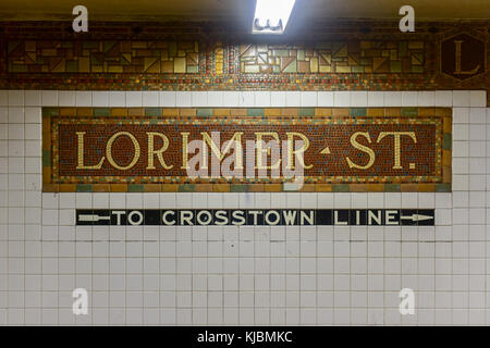Brooklyn, New York - October 22, 2015: Lorimer Street subway station sign on the L train line in Williamsburg Brooklyn in the NYC subway system. Stock Photo