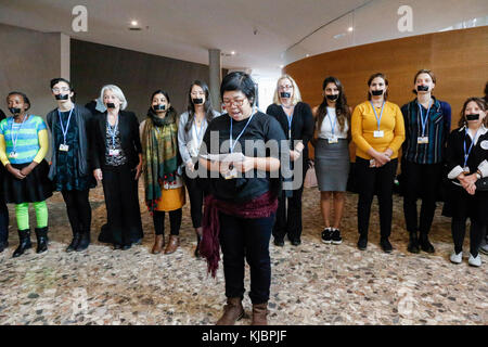 Bonn, Germany, November 14, 2017: Environmental feminism performance at the COP23 Fiji conference. COP23 is organized by UN Framework Convention for C Stock Photo