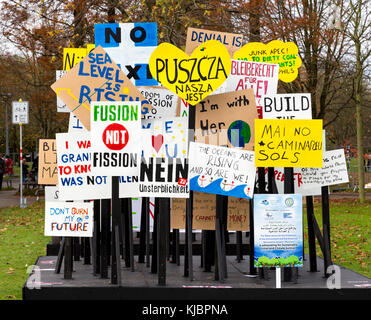 Bonn, Germany, November 14, 2017: Banners advocating protection of environment and social justice in front of conference centre of COP23 Fiji. Stock Photo