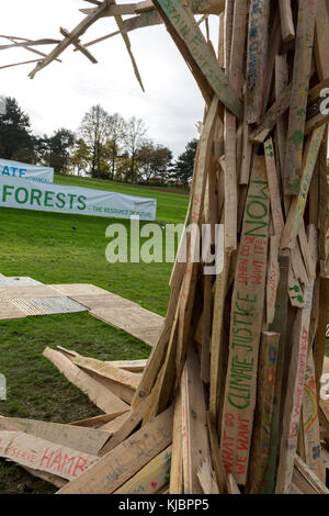Bonn, Germany, November 14, 2017: Environmental artists in a park in Bonn advocating the sustainability of forests at the COP23 Fiji conference. Stock Photo