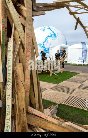 Bonn, Germany, November 14, 2017: Environmental artists in a park in Bonn advocating the sustainability of forests at the COP23 Fiji conference. Stock Photo