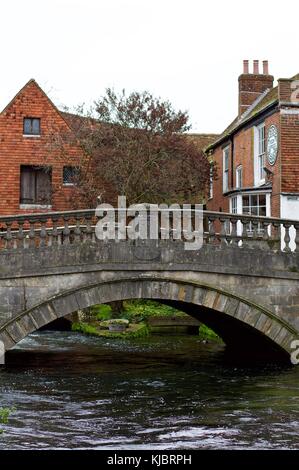 Bridge over River Itchen in front of Winchester City Mill, Winchester, UK Stock Photo