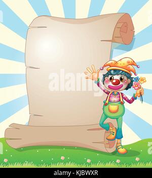 Illustration of a clown beside an empty signage on a white background ...
