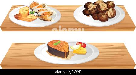 Illustration of the two wooden shelves with foods on a white background Stock Vector