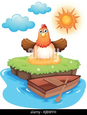 Illustration of a chicken hatching eggs in an island on a white background Stock Vector