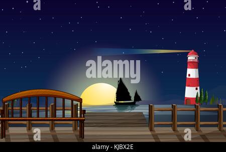 Illustration of a seaport with a lighthouse Stock Vector