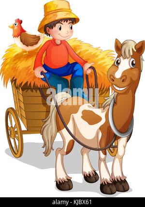 Illustration of a farmer riding a cart with a chicken above his head on ...