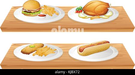 Illustration of two wooden trays with plates of foods on a white background Stock Vector