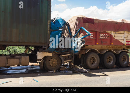 Aftermath of a road traffic accident involving two trucks on a section of Rift Valley road (no fatalities), Kenya, East Africa Stock Photo