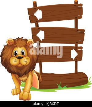 Illustration of a lion beside the wooden arrowboards on a white background Stock Vector