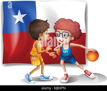 Illustration of the basketball players in front of the Chile flag on a white background Stock Vector