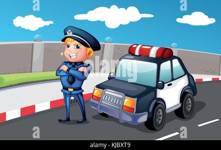 Illustration of a smiling police officer at the street Stock Vector